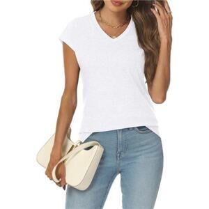 Women’s V Neck White T-Shirt – Basic Business Casual Top with Very Short Sleeves